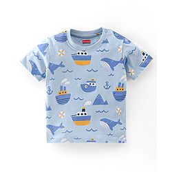 Babyhug Cotton Knit Half Sleeves Night Suit With Sea Life Print - Blue
