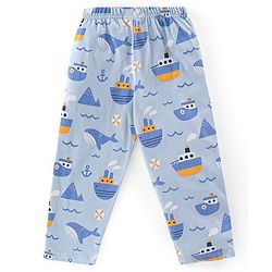 Babyhug Cotton Knit Half Sleeves Night Suit With Sea Life Print - Blue
