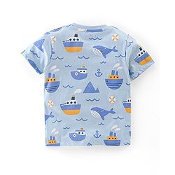 Babyhug Cotton Knit Half Sleeves Night Suit With Sea Life Print - Blue