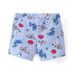 Babyhug Cotton Single Jersey Knit Mid Thigh Length Shorts Stripes & Floral Print - Blue