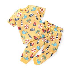Babyhug Cotton Knit Half Sleeves Night Suit with Nautical Theme - Yellow