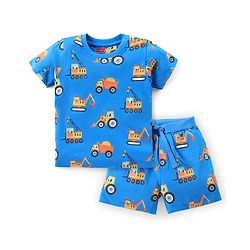 Babyhug Cotton Knit Half Sleeves Night Suit With Vehicle Print - Blue