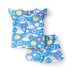Babyhug Cotton Knit Half Sleeves  Night Suit with Rainbow Print - Blue