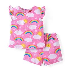 Babyhug Cotton Knit Frill Sleeves Night Suit With Rainbow Print - Pink