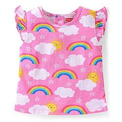 Babyhug Cotton Knit Frill Sleeves Night Suit With Rainbow Print - Pink