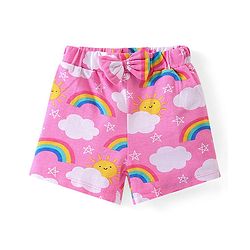 Babyhug Cotton Knit Frill Sleeves Night Suit With Rainbow Print - Pink