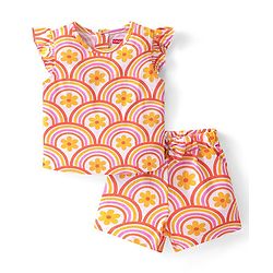 Babyhug Cotton Knit Single Jersey Frill Sleeves Night Suit With Rainbow & Floral Print - Multicolour