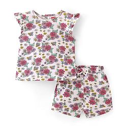 Babyhug Cotton Knit Single Jersey Frill Sleeves Night Suit With Floral Print - White