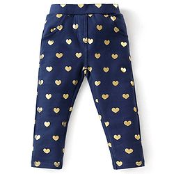 Babyhug Cotton Looper Knit Full Length Heart Printed Jeggings - Navy