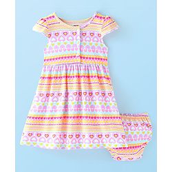 Babyhug Single Jersey Knit Cap Sleeves Frock with Bloomer Heart Print - Multicolor