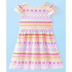 Babyhug Single Jersey Knit Cap Sleeves Frock with Bloomer Heart Print - Multicolor
