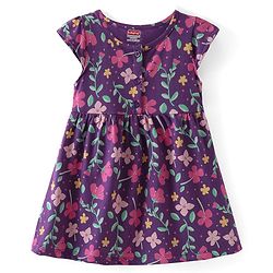 Babyhug Single Jersey Knit Cap Sleeves Floral Printed Frock with Bloomer - Navy Blue
