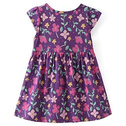 Babyhug Single Jersey Knit Cap Sleeves Floral Printed Frock with Bloomer - Navy Blue