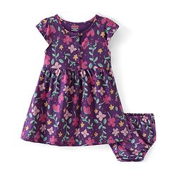 Babyhug Single Jersey Knit Cap Sleeves Floral Printed Frock with Bloomer - Navy Blue