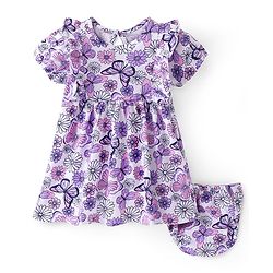 Babyhug Single Jersey Half Sleeves Frock with Bloomer Floral & Butterfly Print - White