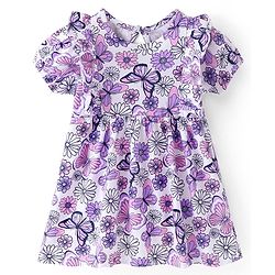 Babyhug Single Jersey Half Sleeves Frock with Bloomer Floral & Butterfly Print - White
