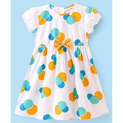 Babyhug 100% Cotton Woven Half Sleeves Frock with Bow Applique Circle Print - White