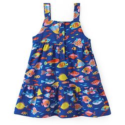 Babyhug Single Jersey Knit Sleeveless Frock with Fish Print - Navy Blue