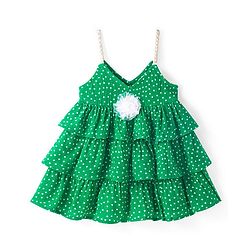 Babyhug Rayon Woven Sleeveless Frock Floral Corsage & Polka Dot Print - Green