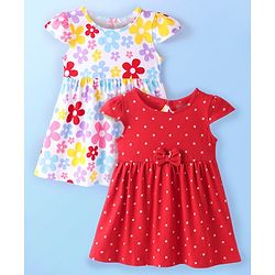 Babyhug Single Jersey Knit Cap Sleeves Frock With Floral & Polka Dot Print Pack of 2 - Red & White