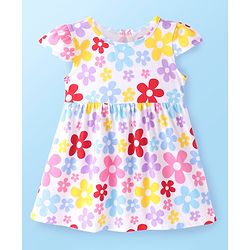 Babyhug Single Jersey Knit Cap Sleeves Frock With Floral & Polka Dot Print Pack of 2 - Red & White