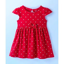 Babyhug Single Jersey Knit Cap Sleeves Frock With Floral & Polka Dot Print Pack of 2 - Red & White