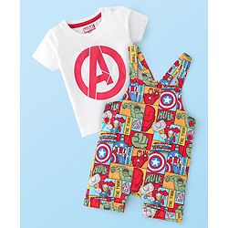 Babyhug Marvel Single Jersey Knit Dungaree with Half Sleeves T-Shirt Avenger Theme Print - Red