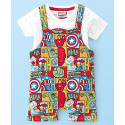 Babyhug Marvel Single Jersey Knit Dungaree with Half Sleeves T-Shirt Avenger Theme Print - Red