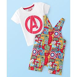 Babyhug Marvel Single Jersey Knit Dungaree with Half Sleeves T-Shirt Avenger Theme Print - Red