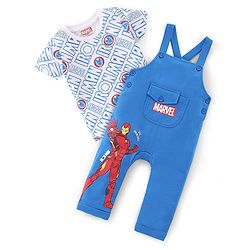 Babyhug Marvel Single Jersey Knit Dungaree with Half Sleeves T-Shirt Text & Avenger Print - Blue