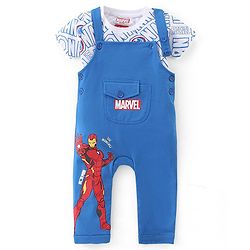 Babyhug Marvel Single Jersey Knit Dungaree with Half Sleeves T-Shirt Text & Avenger Print - Blue