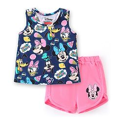 Babyhug Disney Cotton Knit Single Jersey Sleeveless T-Shirt & Shorts with Minnie Mouse Family Print - Navy Blue & Pink