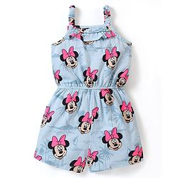 Babyhug Disney Cotton Knit Sleeveless Singlet Jumpsuit with Minnie Mouse Print - Blue