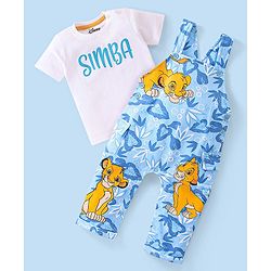 Babyhug Disney 100% Cotton Knit Single Jersey Dungaree & Half Sleeves T-Shirt With Lion King Print - White & Blue