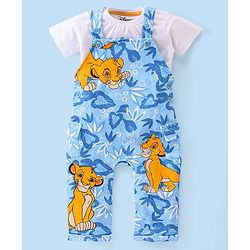 Babyhug Disney 100% Cotton Knit Single Jersey Dungaree & Half Sleeves T-Shirt With Lion King Print - White & Blue