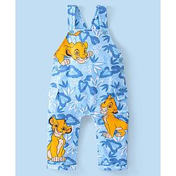 Babyhug Disney 100% Cotton Knit Single Jersey Dungaree & Half Sleeves T-Shirt With Lion King Print - White & Blue