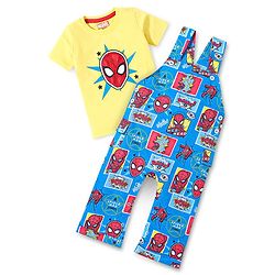 Babyhug Marvel Cotton Knit Dungaree With Half Sleeves T-Shirt & Spiderman Print - Yellow & Blue