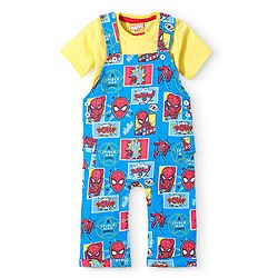 Babyhug Marvel Cotton Knit Dungaree With Half Sleeves T-Shirt & Spiderman Print - Yellow & Blue