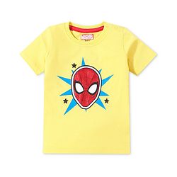 Babyhug Marvel Cotton Knit Dungaree With Half Sleeves T-Shirt & Spiderman Print - Yellow & Blue
