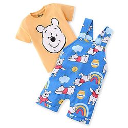 Babyhug Disney Cotton Knit Dungaree and Half Sleeves T-Shirt Set Winnie the Poo Print - Yellow & Blue
