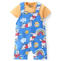 Babyhug Disney Cotton Knit Dungaree and Half Sleeves T-Shirt Set Winnie the Poo Print - Yellow & Blue