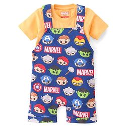 Babyhug Marvel Cotton Single Jersey Knit Dungaree With Half Sleeve Tee And Avengers Print - Yellow & Navy Blue