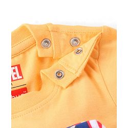 Babyhug Marvel Cotton Single Jersey Knit Dungaree With Half Sleeve Tee And Avengers Print - Yellow & Navy Blue