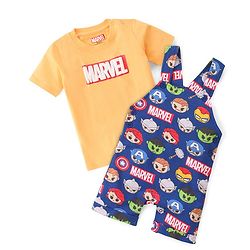 Babyhug Marvel Cotton Single Jersey Knit Dungaree With Half Sleeve Tee And Avengers Print - Yellow & Navy Blue