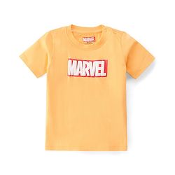 Babyhug Marvel Cotton Single Jersey Knit Dungaree With Half Sleeve Tee And Avengers Print - Yellow & Navy Blue