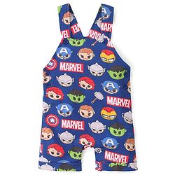 Babyhug Marvel Cotton Single Jersey Knit Dungaree With Half Sleeve Tee And Avengers Print - Yellow & Navy Blue