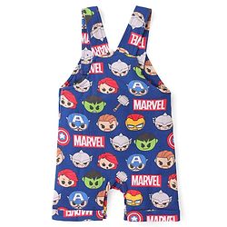 Babyhug Marvel Cotton Single Jersey Knit Dungaree With Half Sleeve Tee And Avengers Print - Yellow & Navy Blue
