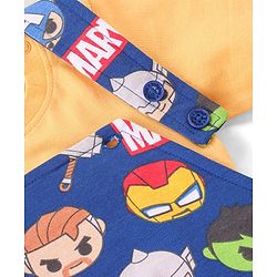 Babyhug Marvel Cotton Single Jersey Knit Dungaree With Half Sleeve Tee And Avengers Print - Yellow & Navy Blue