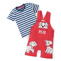 Babyhug Disney Cotton Single Jersey Knit Dungaree With Half Sleeves Tee And 101 Dalmatians Graphics - Blue & Red