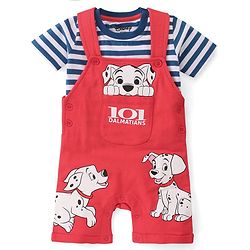 Babyhug Disney Cotton Single Jersey Knit Dungaree With Half Sleeves Tee And 101 Dalmatians Graphics - Blue & Red